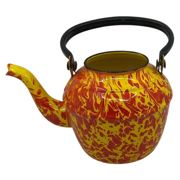 Orange Yellow Tea Pot Kettle Vntg Enamelware Splatter Swirl Graniteware No Lid - Picture 1 of 8